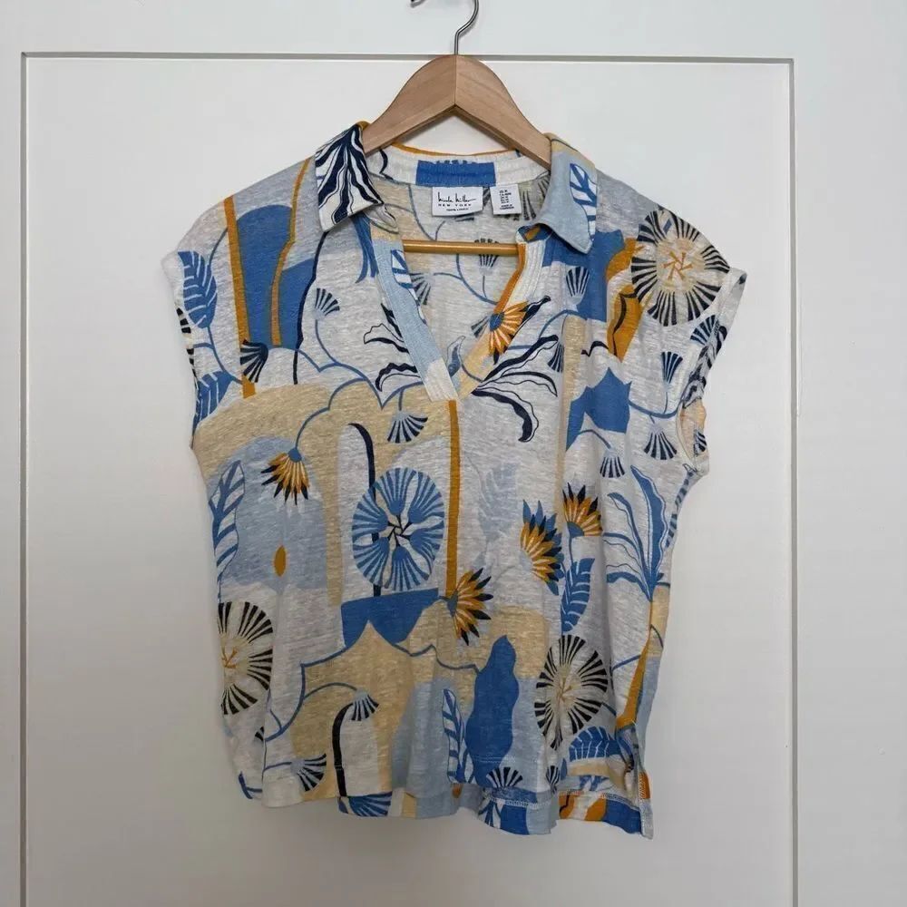 Nicole Miller Top Womens Size M Blue Sleeveless V Neck Linen Beach Floral Summer